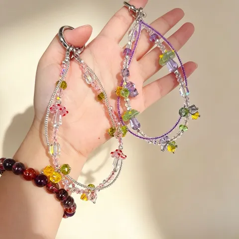 Handmade Beaded Double Chain Phone Charm Cute Colorful Glass Mushroom Pendant Aesthetic Bag Decoration Cute Accessory