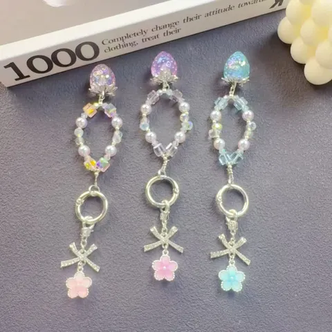 Crystal Strawberry Beaded Phone Chain Cute Flower Tassel Keychain Pendant Bag Charm Accessories For Women