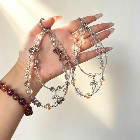 Double Layer Crystal Phone Chain Bowknot Iridescent Beaded Lanyard Women Bag Key Pendant Fashion Jewelry Ornament