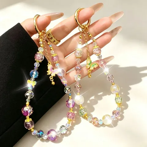 Light Luxury Beaded Phone Chain Crystal Glass Gold Foil Beads Alloy Butterfly Charm Cute Keychain Phone Strap Jewelry
