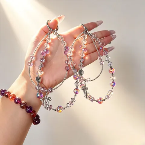 Double Layer Crystal Phone Chain Bowknot Iridescent Beaded Lanyard Women Bag Key Pendant Fashion Jewelry Ornament