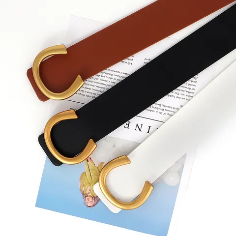 Women Fashion Wide PU Leather Belt Casual Jeans Decorative Waistband With Elegant Gold Letter Metal Buckle