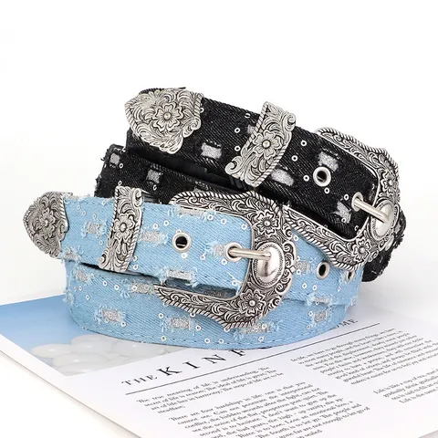 Damen Amerikanisches Retro Distressed Denim Breiter Gürtel Vintage Y2K Spice Girl Geschnitzte Metalllegierung Dornschließe Jeansgürtel