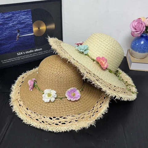 Damen Sommer Stroh Sonnenhut Handgemachte Raffia Blumen Strandhut Breite Krempe UV Schutz Casual Urlaub Sonnenhut