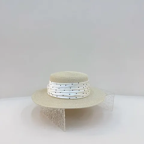 Sombrero de Paja de Verano para Mujer Elegante Copa Plana Protección Solar Sombrero de Playa Cinta de Lunares