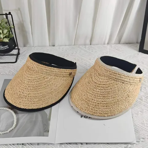 Women's Summer Straw Sun Hat Raffia Woven Empty Top Beach Visor With Bound Edge Breathable Outdoor Sun Protection Hat
