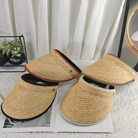 Women's Summer Straw Sun Hat Raffia Woven Empty Top Beach Visor With Bound Edge Breathable Outdoor Sun Protection Hat