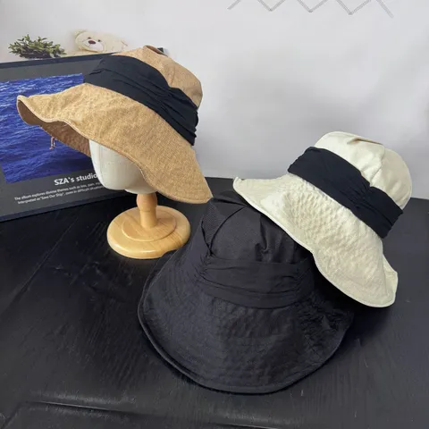 Japanese Style Linen Bucket Hat Women Wide Brim Roll-Up Sun Protection Casual Solid Color Pleated Summer Beach Fisherman Hat