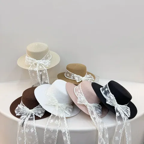 Sombrero de Paja de Verano para Mujer Estilo Hepburn Encaje Elegante Lazo de Perla Artificial Sombrero de Sol Vacaciones en la Playa Gorra de Ala Ancha