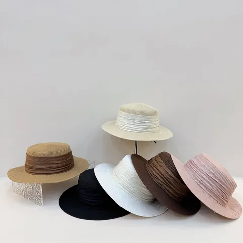 Femmes Français Luxe Large Bord Chapeau de Paille Été Voyage Protection Solaire Anti-UV Raphia Dessus Plat Chapeau de Soleil