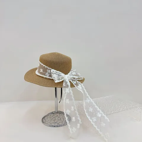 Sombrero de Paja de Verano para Mujer Estilo Hepburn Encaje Elegante Lazo de Perla Artificial Sombrero de Sol Vacaciones en la Playa Gorra de Ala Ancha