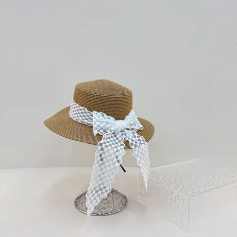 Sombrero de Paja de Verano para Mujer Parte Superior Plana Ala Ancha Sombrero de Sol de Playa Con Elegante Cinta de Lazo Moda Casual Sombrero de Vacaciones