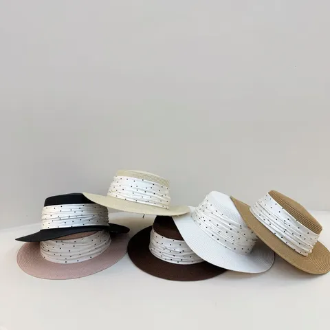 Sombrero de Paja de Verano para Mujer Elegante Copa Plana Protección Solar Sombrero de Playa Cinta de Lunares