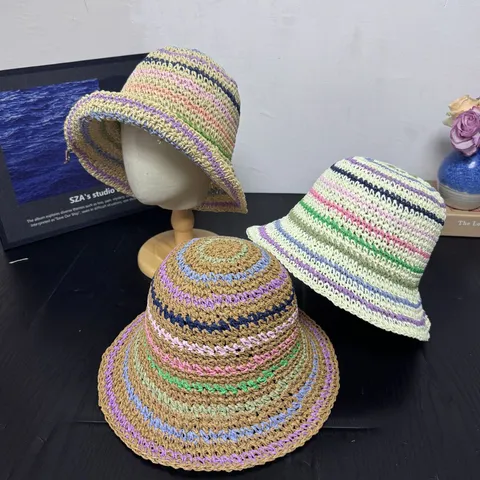 Damen Stroh Eimerhut Koreanischer Stil Handgemacht Gewebt Farbe Block Gestreift Sonnenschutz Lässig Sommer Hut