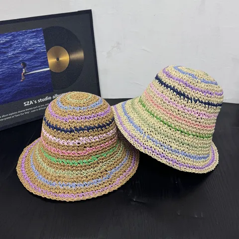 Damen Stroh Eimerhut Koreanischer Stil Handgemacht Gewebt Farbe Block Gestreift Sonnenschutz Lässig Sommer Hut