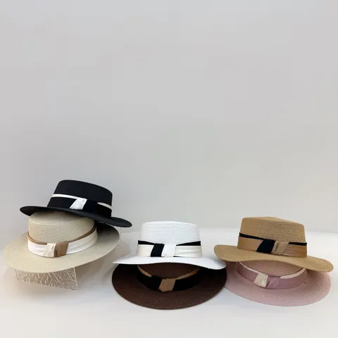 Sombrero de Paja de Verano para Mujer Parte Superior Plana Ala Ancha Sombrero de Sol Elegante Retro Lazo de Cinta Sombrero de Playa Fedora Sombrero de Viaje Femenino