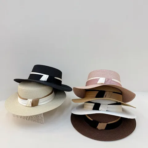Sombrero de Paja de Verano para Mujer Parte Superior Plana Ala Ancha Sombrero de Sol Elegante Retro Lazo de Cinta Sombrero de Playa Fedora Sombrero de Viaje Femenino
