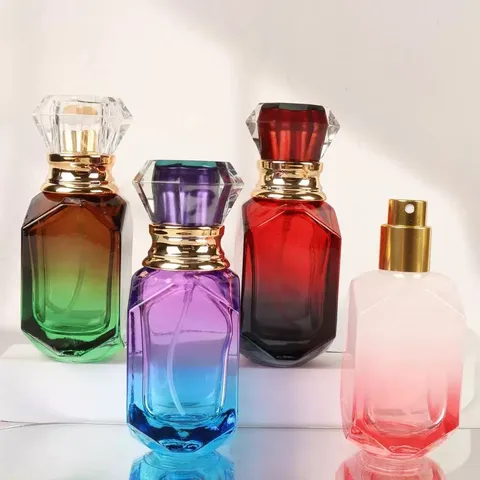 Botella Atomizadora de Perfume de Vidrio Degradado Botella de Spray Envase Cosmético Vacío Recargable Con Tapa de Diamante