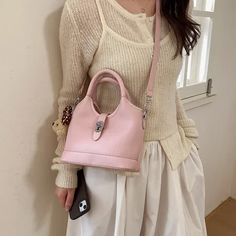 Bolso Balde Minimalista de Cuero PU para Mujer Color Sólido Casual Viajero Hombro Bandolera Bolso de Moda