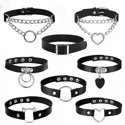 Punk PU Leather Choker Necklace For Women Gothic Alloy Heart Ring Pendant Collar Neckband Adjustable Fashion Jewelry Accessories