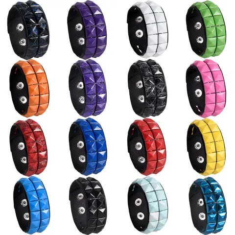 Punk Rock Wide PU Leather Bracelet For Men Women Double Row Square Rivet Wristband Fashion Jewelry Adjustable Snap Cuff
