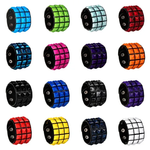 Punk Rock Wide PU Leather Cuff Wristband With Multi Row Square Pyramid Metal Rivets For Men Women Gothic Street Style Jewelry