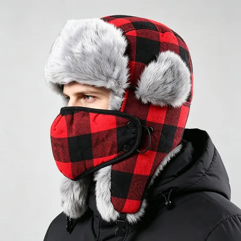 Unisex Winter Plaid Trapper Hat Faux Fur Lining Bomber Hat With Face Mask Windproof Earflap Hat For Skiing Outdoor