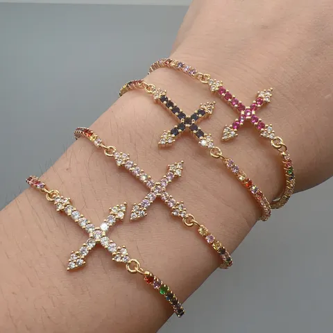 Fashion Alloy Rhinestone Cross Chain Bracelet For Women European Style Adjustable Link Cross Jewelry Gift