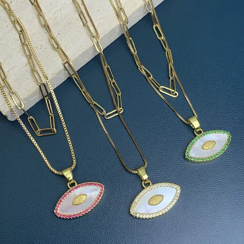 Evil Eye Pendant Necklace For Women 18K Gold Plated Copper Zirconia Mother Of Pearl Double Layer Clavicle Chain