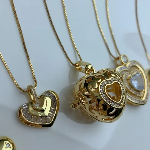 Fashion Copper Rhinestone Heart Pendant Necklace Gold Plated Pave Heart Clavicle Chain Jewelry Gift For Women