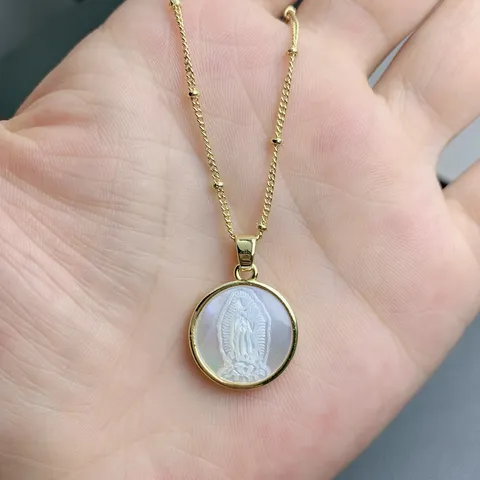 Womens Copper Natural Mother of Pearl Virgin Mary Pendant Necklace Gold Plated Clavicle Chain Fashion Jewelry