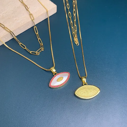 Evil Eye Pendant Necklace For Women 18K Gold Plated Copper Zirconia Mother Of Pearl Double Layer Clavicle Chain