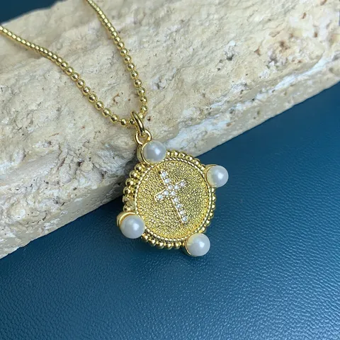 Women Fashion Copper Rhinestone Cross Artificial Pearl Pendant Necklace Gold Plated Clavicle Chain Jewelry Gift
