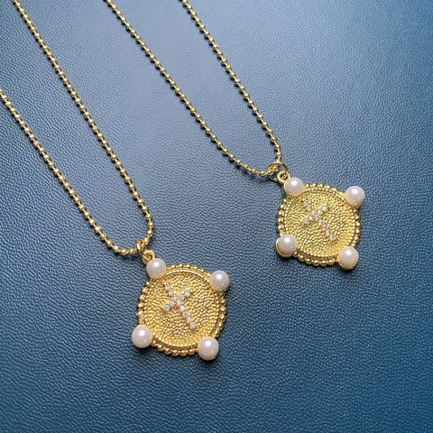 Women Fashion Copper Rhinestone Cross Artificial Pearl Pendant Necklace Gold Plated Clavicle Chain Jewelry Gift