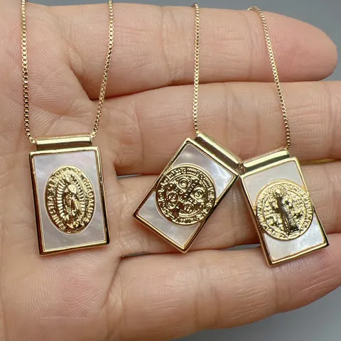 Retro Guadalupe Cross Pendant Necklace Women Vintage Mother Of Pearl Gold Plated Copper Clavicle Chain Jewelry Gift