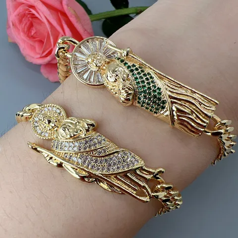 European Minimalist Copper Zircon Religious Portrait Pendant Cuban Chain Bracelet For Women Fashion Jewelry