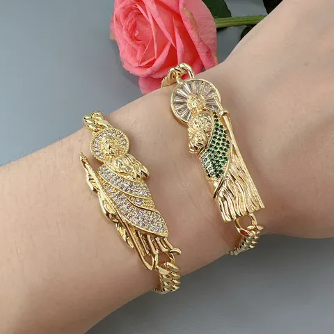 European Minimalist Copper Zircon Religious Portrait Pendant Cuban Chain Bracelet For Women Fashion Jewelry