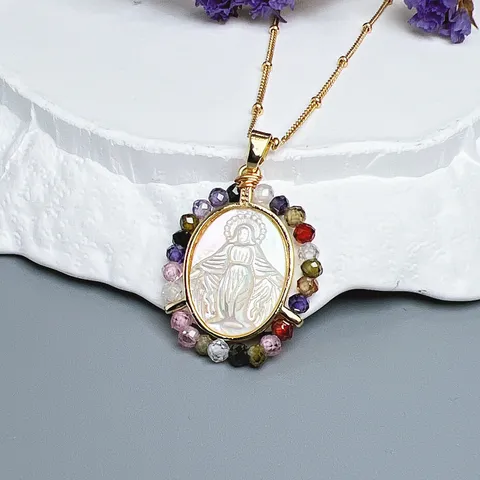 Vintage Copper Virgin Mary Pendant Necklace Zirconia Beads Mother-Of-Pearl Medallion Gold Choker Jewelry For Women