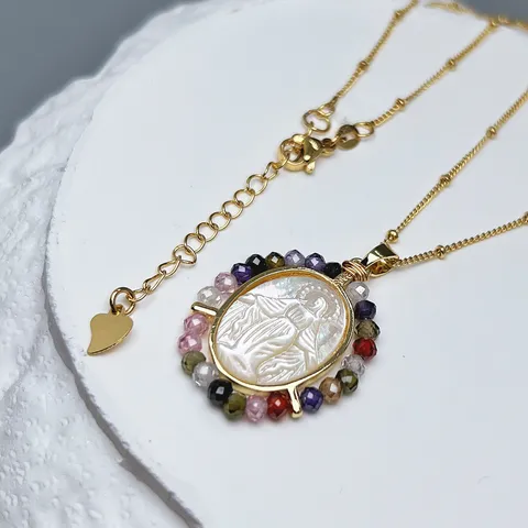 Vintage Copper Virgin Mary Pendant Necklace Zirconia Beads Mother-Of-Pearl Medallion Gold Choker Jewelry For Women