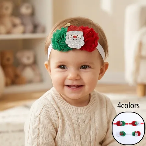 Kids Christmas Headband Polyester Chiffon Flower Reindeer Santa Claus Pattern Elastic Hair Band For Toddler Girls Holiday Party Gift