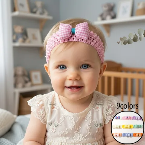 Baby Girl Bow Headband Knitted Hollow Design Plaid Bow Soft Polyester Hair Band Summer Accessory For Toddler Sweet Princess Headband