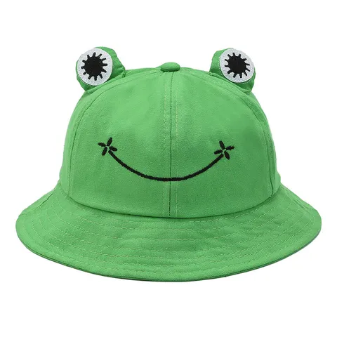Cute Cartoon Frog Bucket Hat Cotton Embroidered Smiley Face Sun Hat Casual Outdoor Fisherman Cap For Spring Summer
