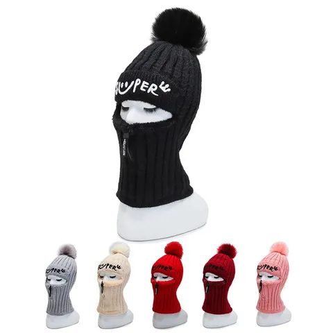 Winter Warm Balaclava Knit Hat Women Korean Style Thickened Windproof Hood Cap With Zipper Pom Pom Thermal Outdoor