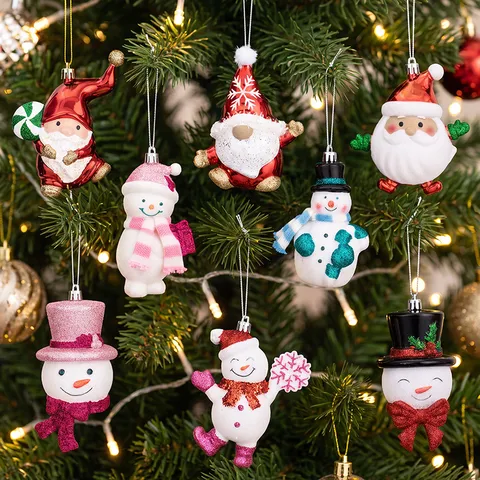 Christmas Ornaments Set Cartoon Santa Claus Snowman Gnome Electroplated Glitter Hanging Figurines Xmas Tree Window Decor