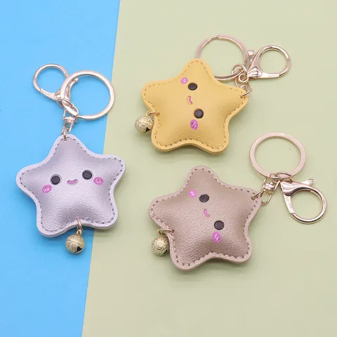 Cute PU Leather Pentagram Smiley Face Car Keychain Star Bag Pendant Cartoon Key Ring For Women Men Apparel Accessories