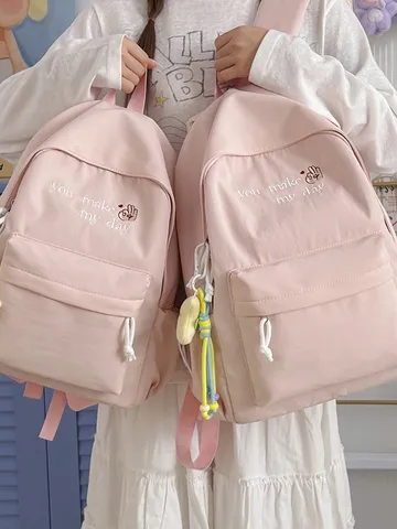 Casual Nylon School Backpack For Teen Girls Cute Letter Embroidered Bookbag Travel Daypack With Moon Pendant