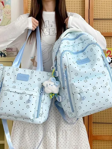 Women's Casual Polka Dot Star Print Nylon Backpack School Travel Bookbag Two-Piece Set