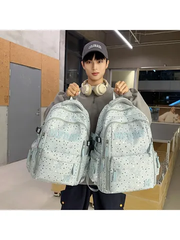 Unisex Starry Sky Print Casual School Backpack Large Capacity Student Bookbag with Cute Rabbit Pendant