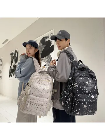 Unisex Starry Sky Print Casual School Backpack Large Capacity Student Bookbag with Cute Rabbit Pendant