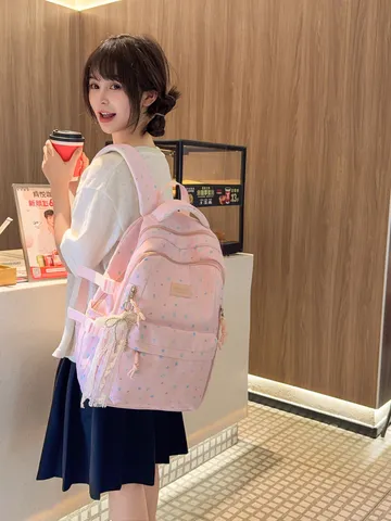 Style Japonais Mignon Imprimé Étoile Sac à Dos Décontracté Fille Douce Voyage Léger Sac d'École avec Pendentif Nœud